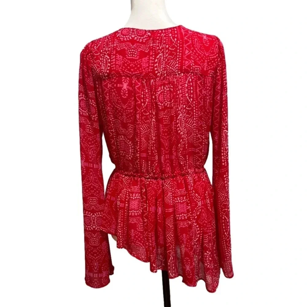 Free People Blouse. Red Sheer Asymmetrical Bell Sleeve. Medium. - Picture 2 of 9
